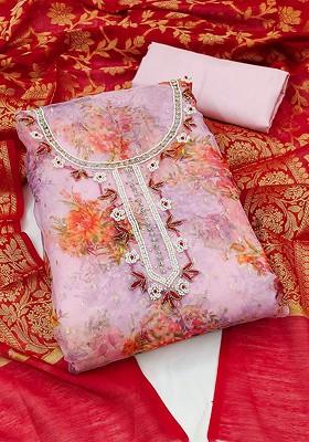 Purple Printed Organza Kurta Set