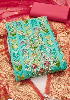 Sea Green Printed Poly Blend Kurta Set