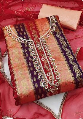 Red Embellished Poly Blend Kurta Set