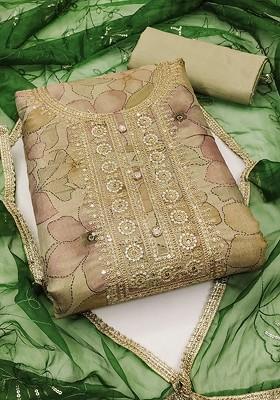 Beige Printed Poly Blend Kurta Set