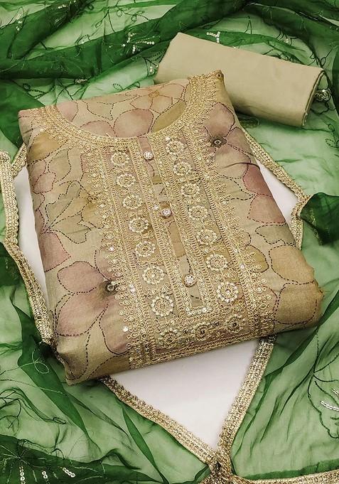 Beige Printed Poly Blend Kurta Set