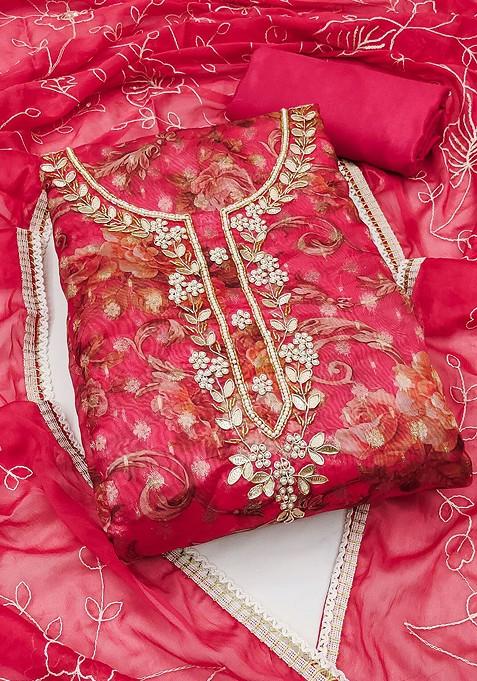 Pink Printed Organza Kurta Set