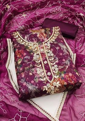 Purple Floral Print Organza Kurta Set