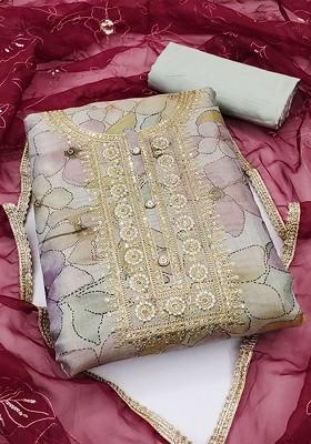 Grey Floral Print Poly Blend Kurta Set