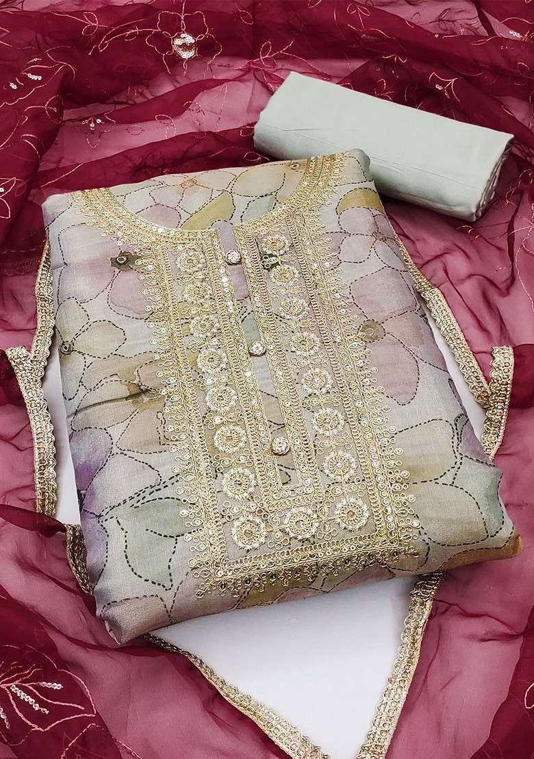 Grey Embroidered Poly Pakistani Suit Set - Indya