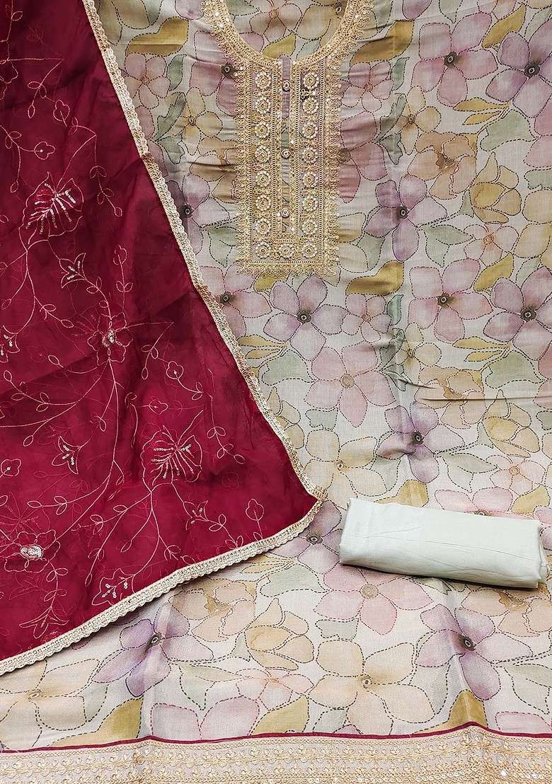 Grey Embroidered Poly Pakistani Suit Set - Indya