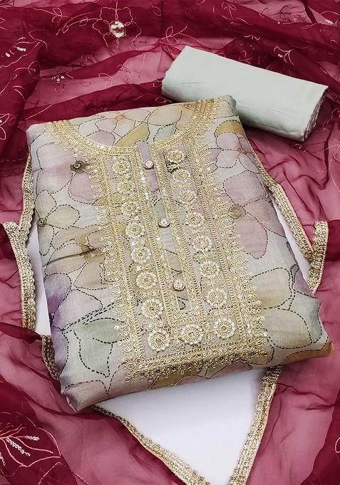 Grey Floral Print Poly Blend Kurta Set