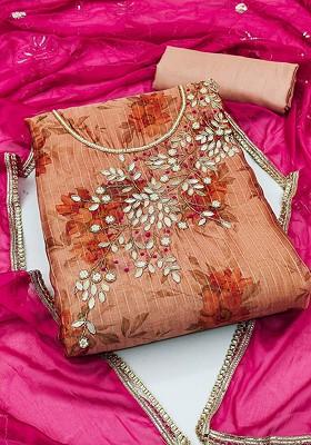 Peach Floral Print Poly Blend Kurta Set