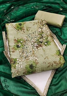 Lime Green Floral Print Poly Blend Kurta Set