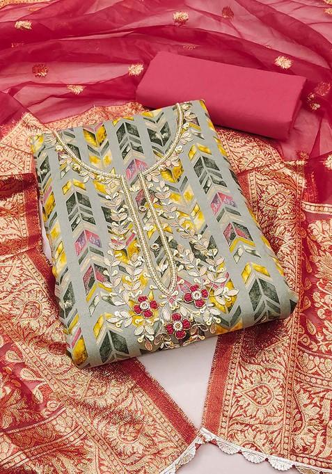 Grey Printed Poly Blend Kurta Set