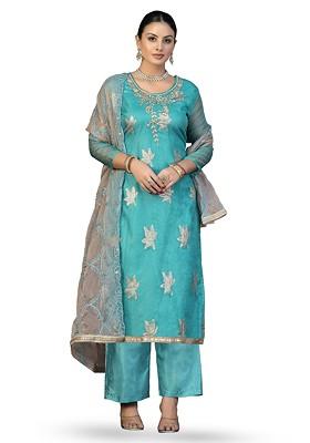 Blue Embellished Organza Kurta Set