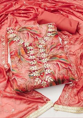 Peach Floral Print Organza Kurta Set