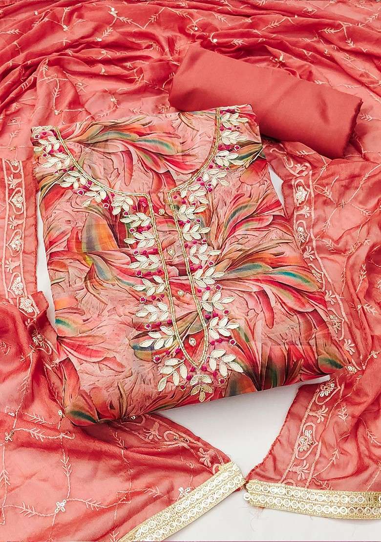 Peach Embroidered Organza Straight Kurta Set - Indya