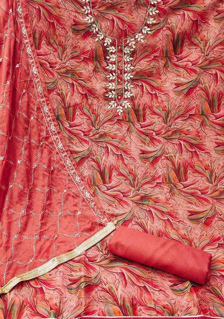 Peach Embroidered Organza Straight Kurta Set - Indya