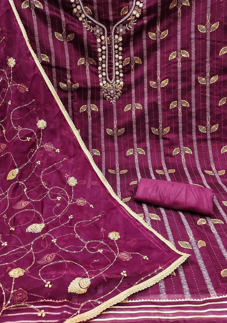 Purple Embroidered Blended Straight Kurta Set - Indya
