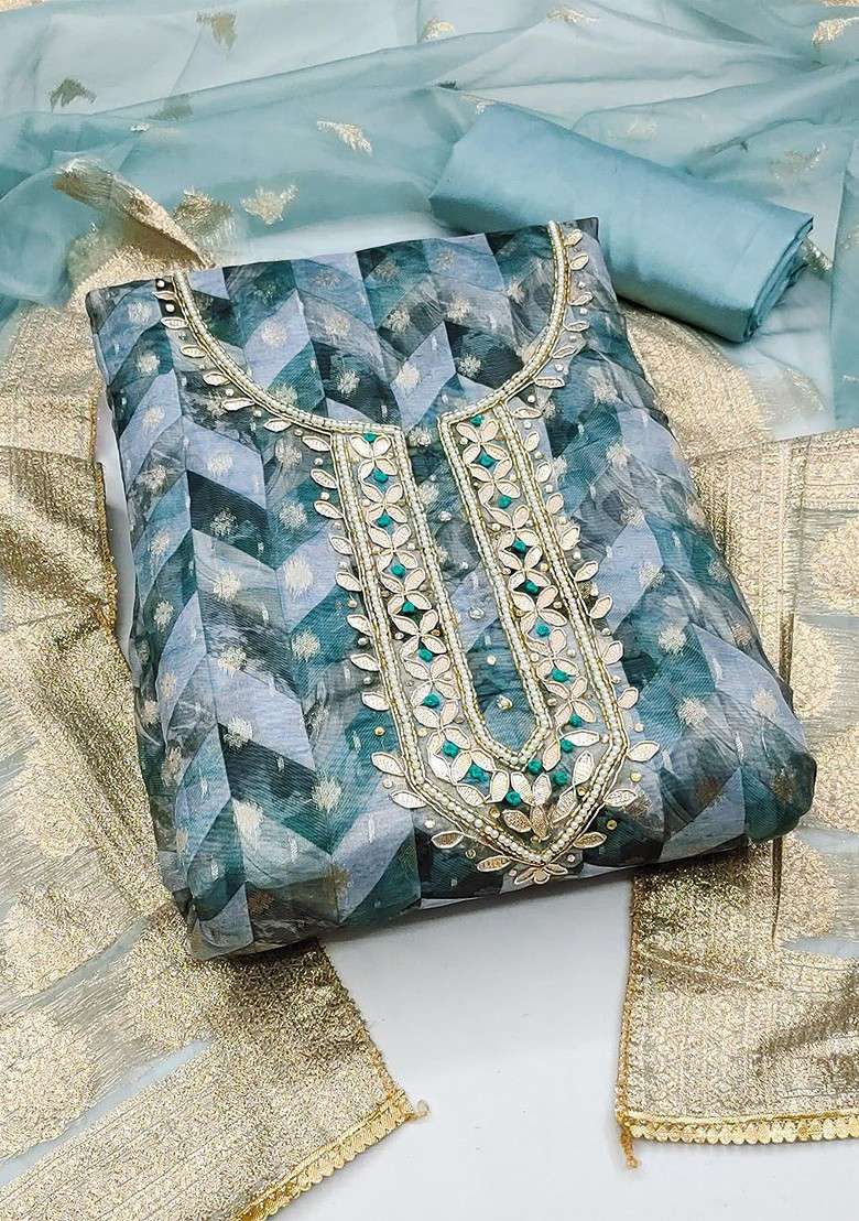 Blue Printed Organza Straight Kurta Set - Indya