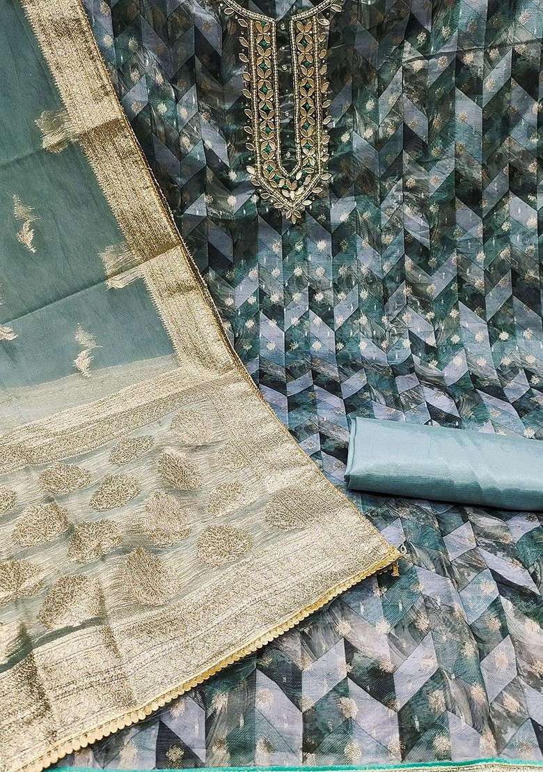 Blue Printed Organza Straight Kurta Set - Indya