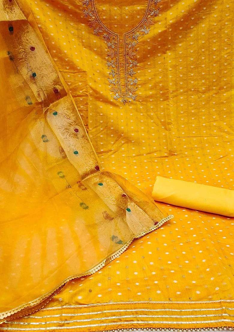 Yellow Embroidered Blended Straight Kurta Set - Indya