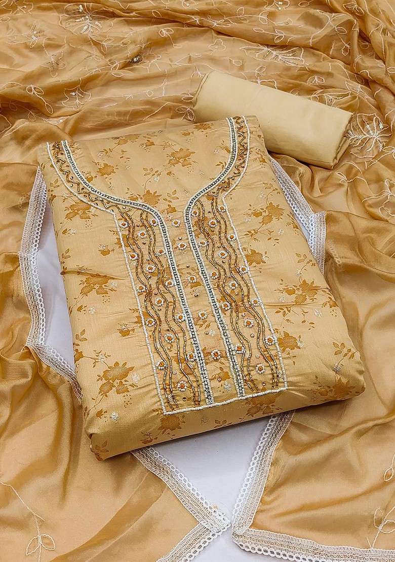 Beige Embroidered Poly Pakistani Suit Set - Indya