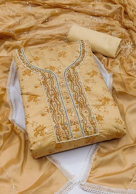 Beige Floral Print Poly Blend Kurta Set