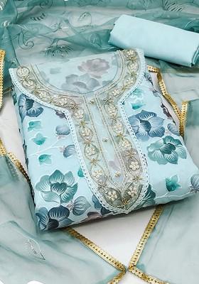 Blue Embroidered Poly Blend Kurta Set