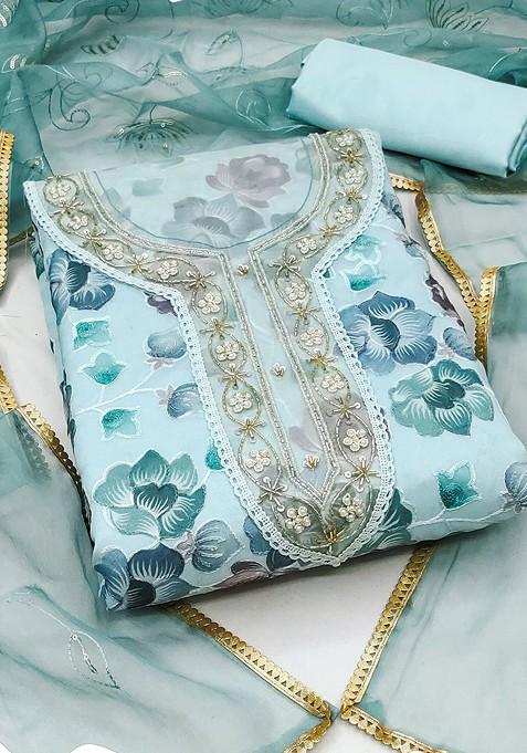 Blue Embroidered Poly Blend Kurta Set