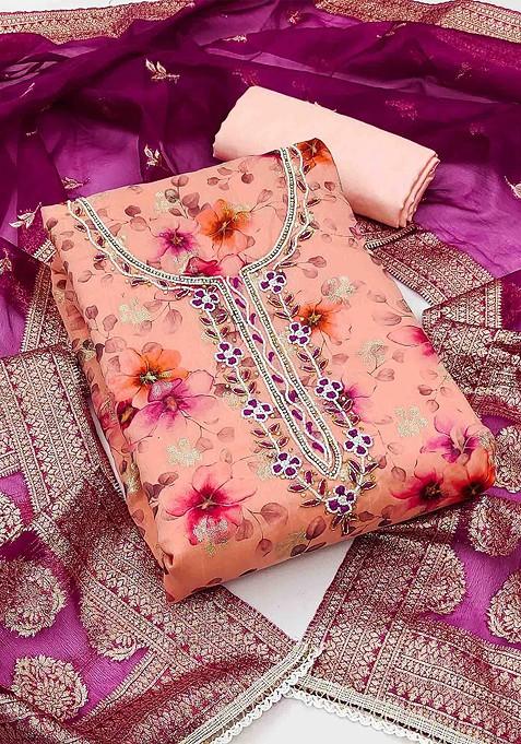 Peach Floral Print Organza Kurta Set
