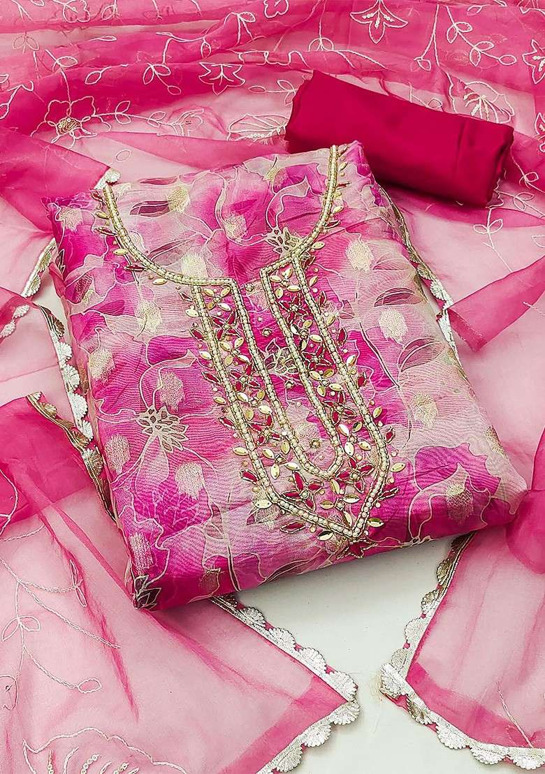 Pink Embroidered Organza Straight Kurta Set - Indya