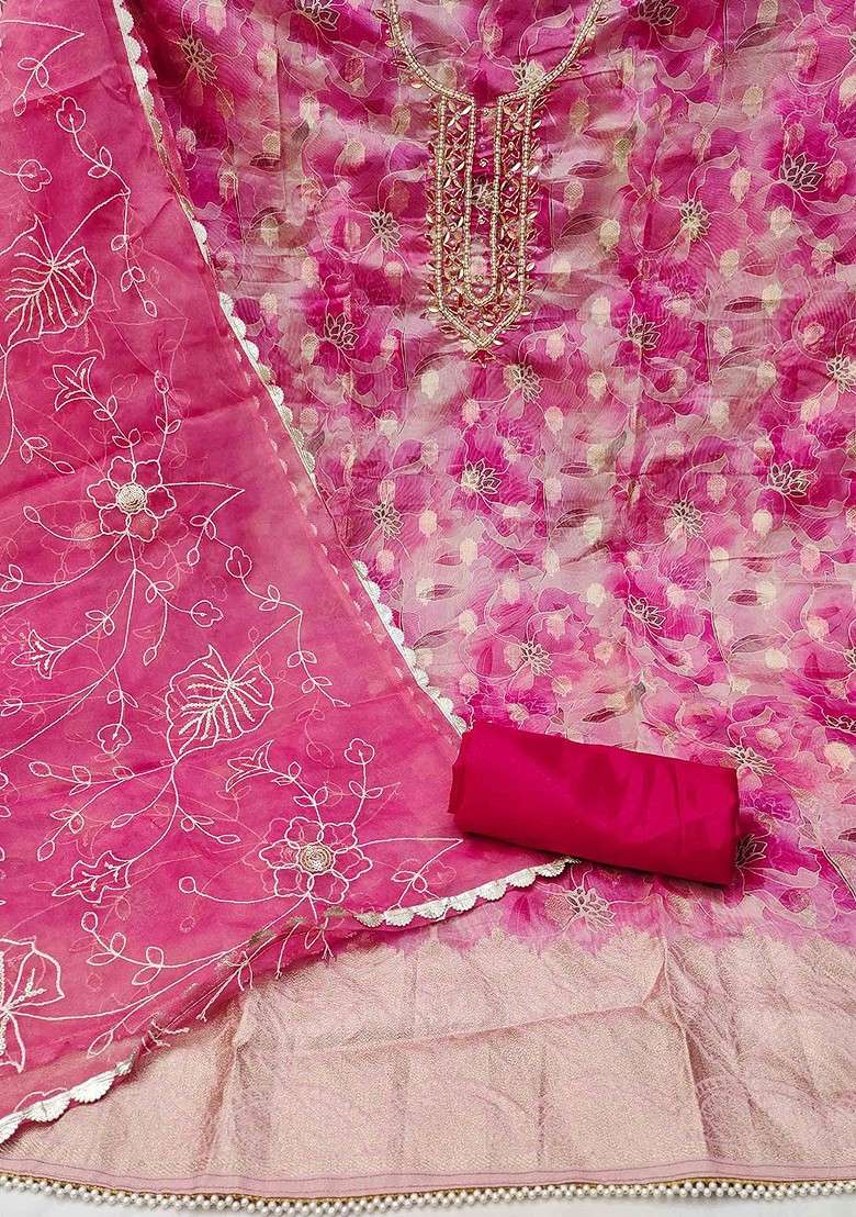 Pink Embroidered Organza Straight Kurta Set - Indya