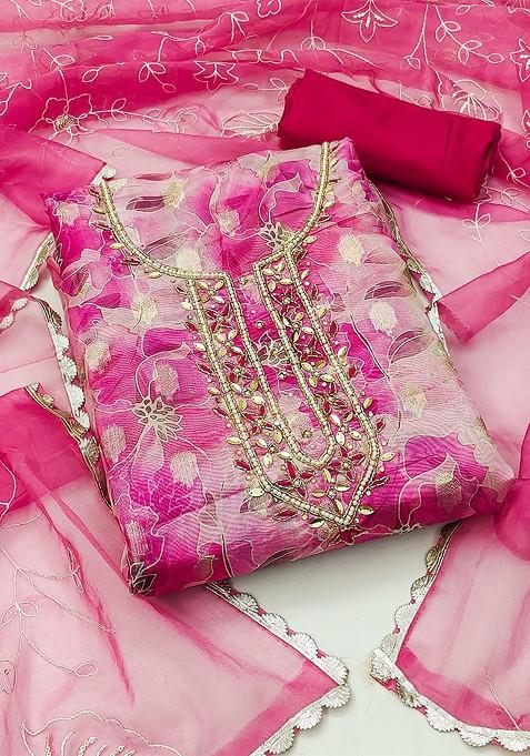 Pink Floral Print Organza Kurta Set