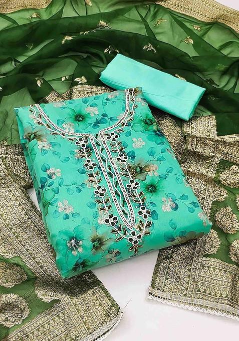 Sea Green Floral Print Poly Blend Kurta Set