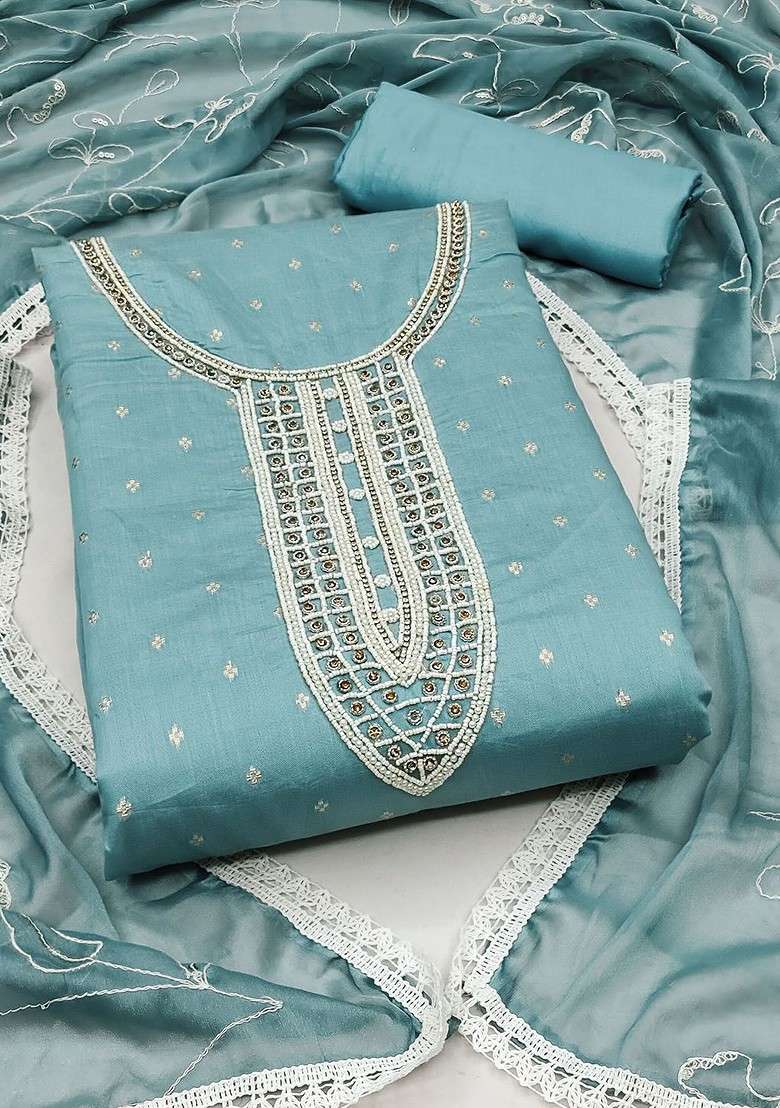 Teal Embroidered Blended Straight Kurta Set - Indya