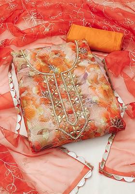 Orange Floral Print Poly Blend Kurta Set