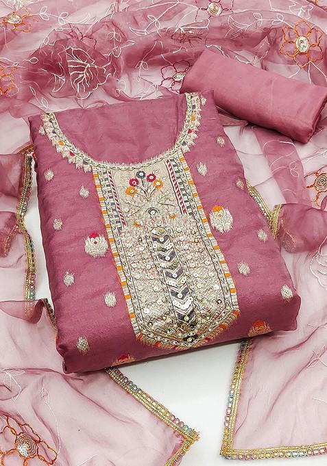Pink Embroidered Poly Blend Kurta Set