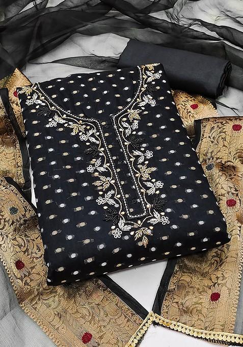 Black Embroidered Poly Blend Kurta Set
