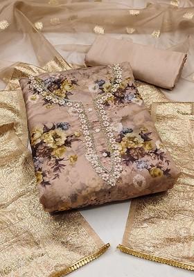 Brown Floral Print Organza Kurta Set