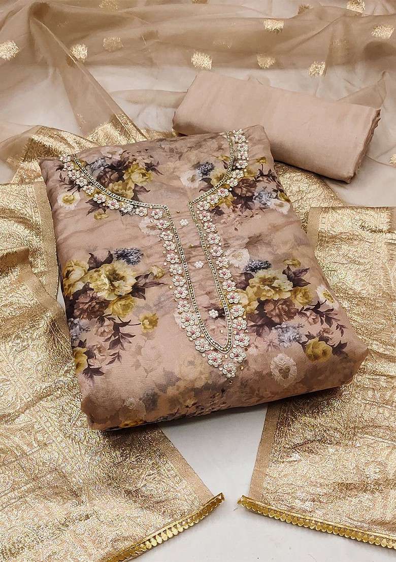 Brown Embroidered Organza Straight Kurta Set - Indya