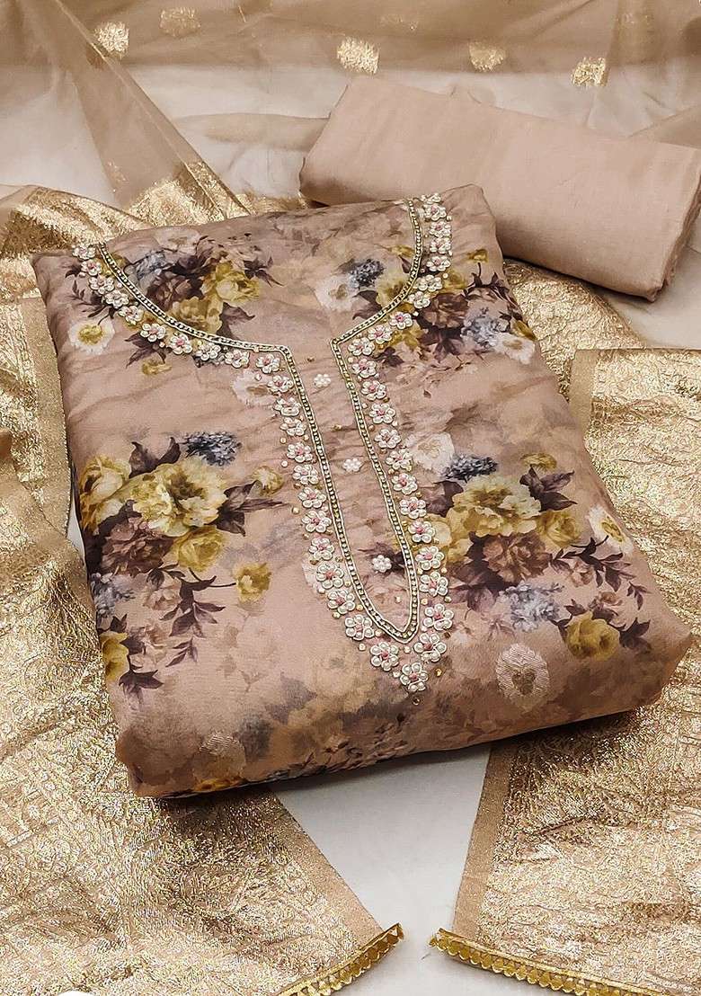 Brown Embroidered Organza Straight Kurta Set - Indya