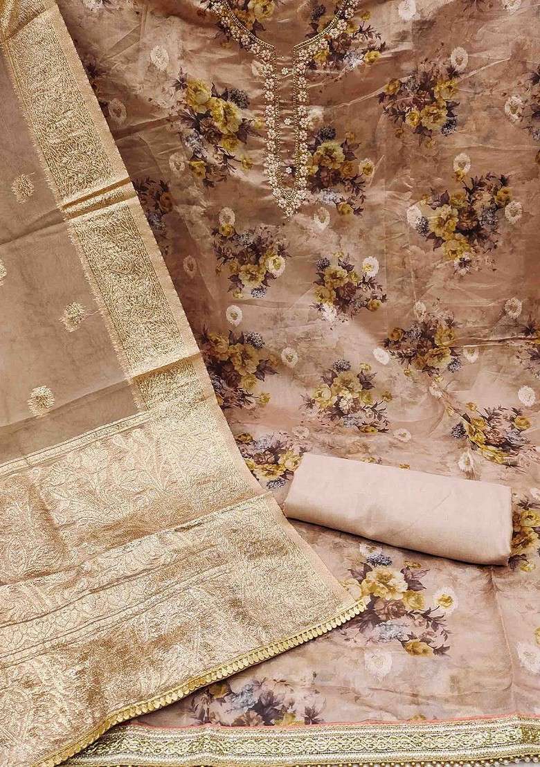 Brown Embroidered Organza Straight Kurta Set - Indya
