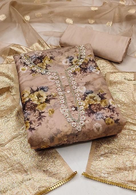 Brown Floral Print Organza Kurta Set