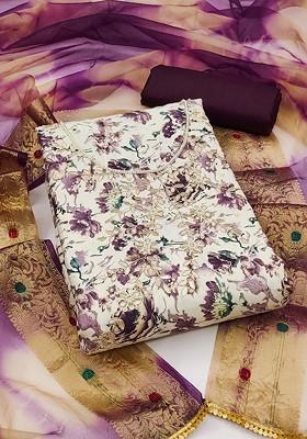 Off White Embroidered Poly Blend Kurta Set