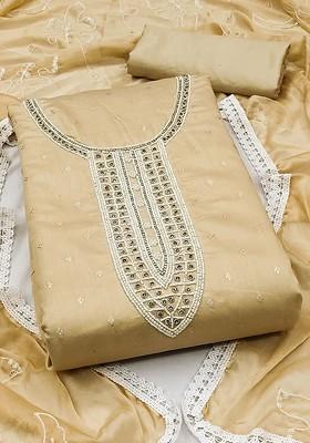 Beige Embellished Poly Blend Kurta Set