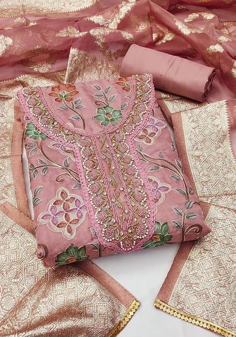 Pink Embroidered Poly Blend Kurta Set