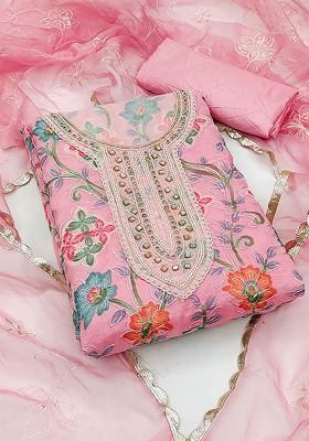 Pink Floral Print Organza Kurta Set