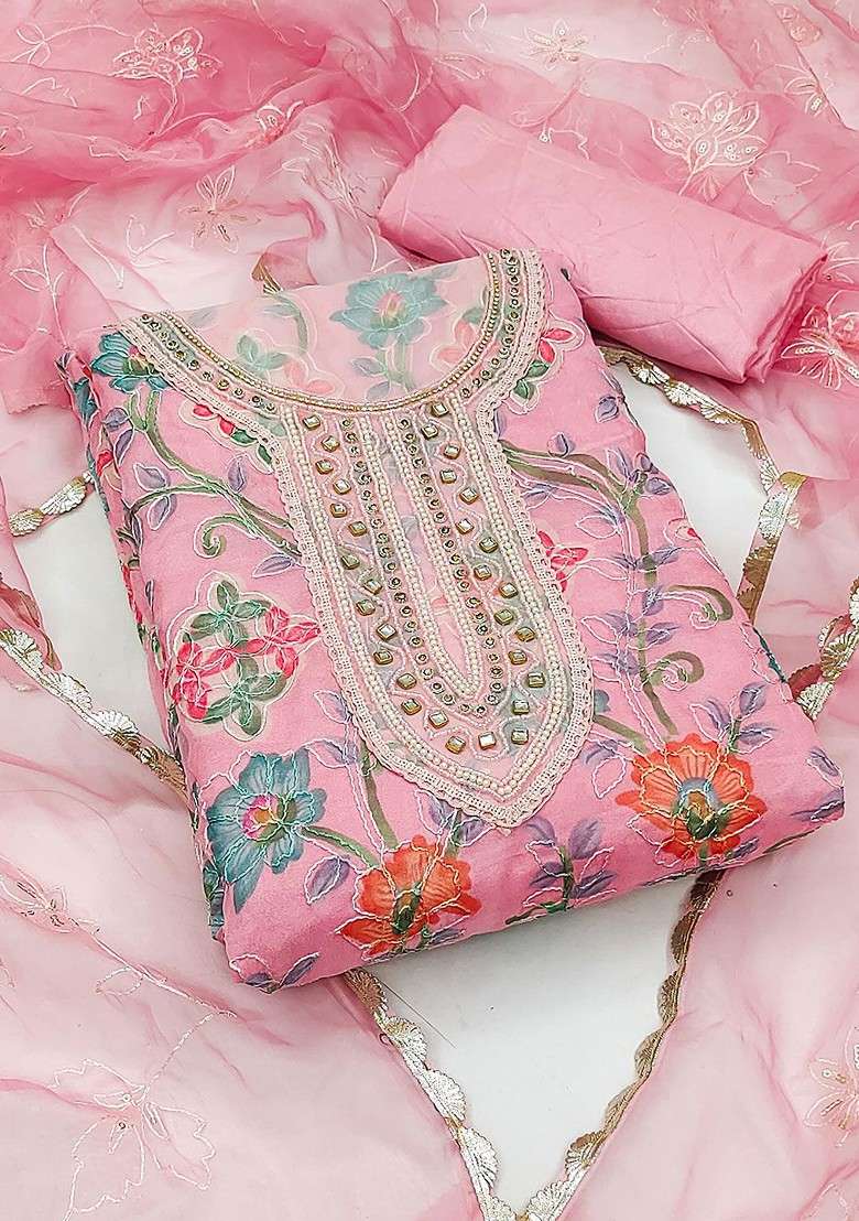 Pink Embroidered Organza Straight Kurta Set - Indya