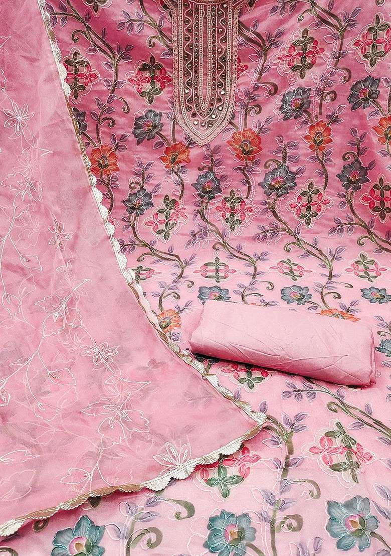 Pink Embroidered Organza Straight Kurta Set - Indya