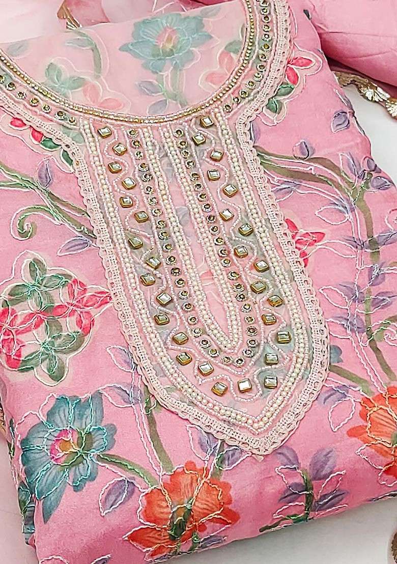 Pink Embroidered Organza Straight Kurta Set - Indya