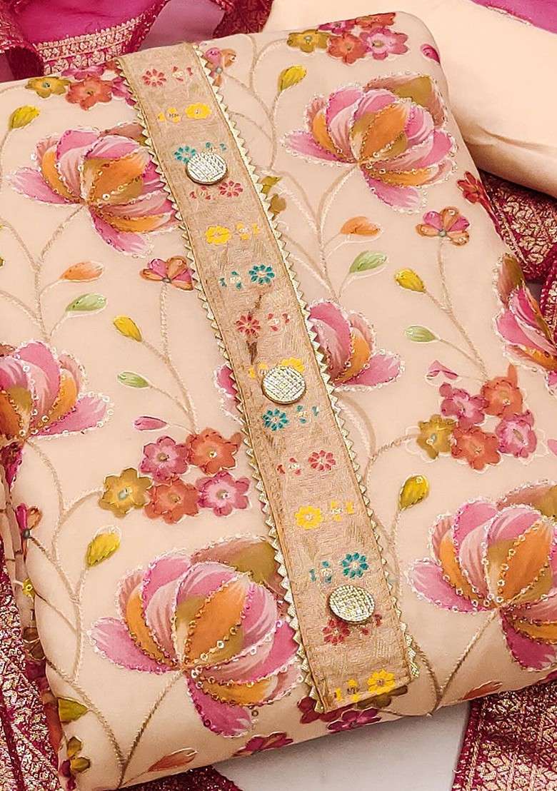 Peach Floral Print Organza Straight Kurta Set - Indya