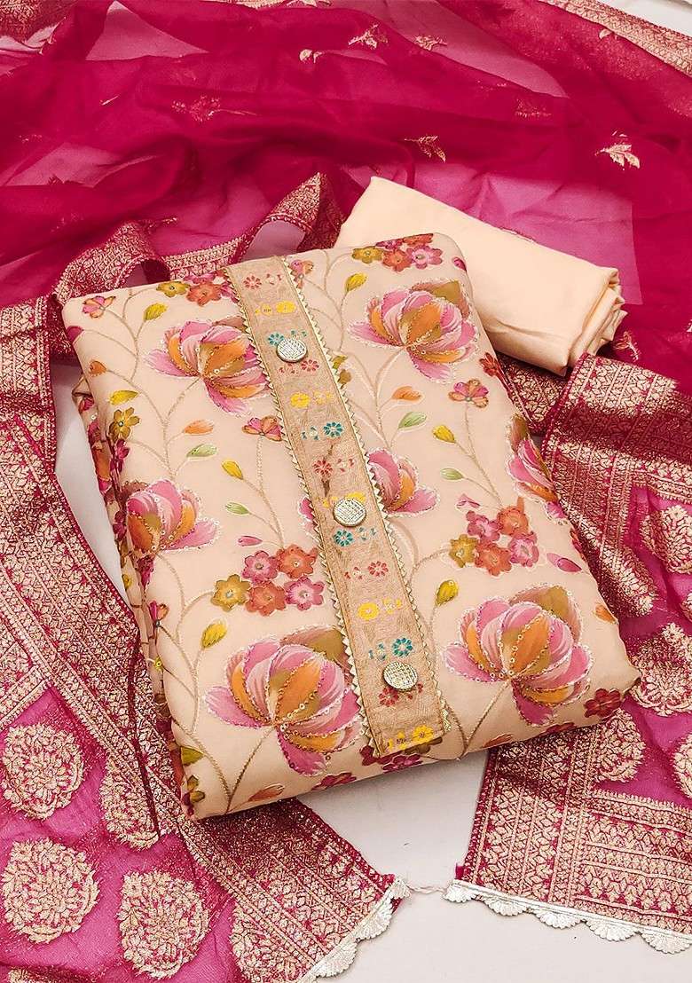 Peach Floral Print Organza Straight Kurta Set - Indya