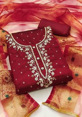 Maroon Embroidered Poly Blend Kurta Set